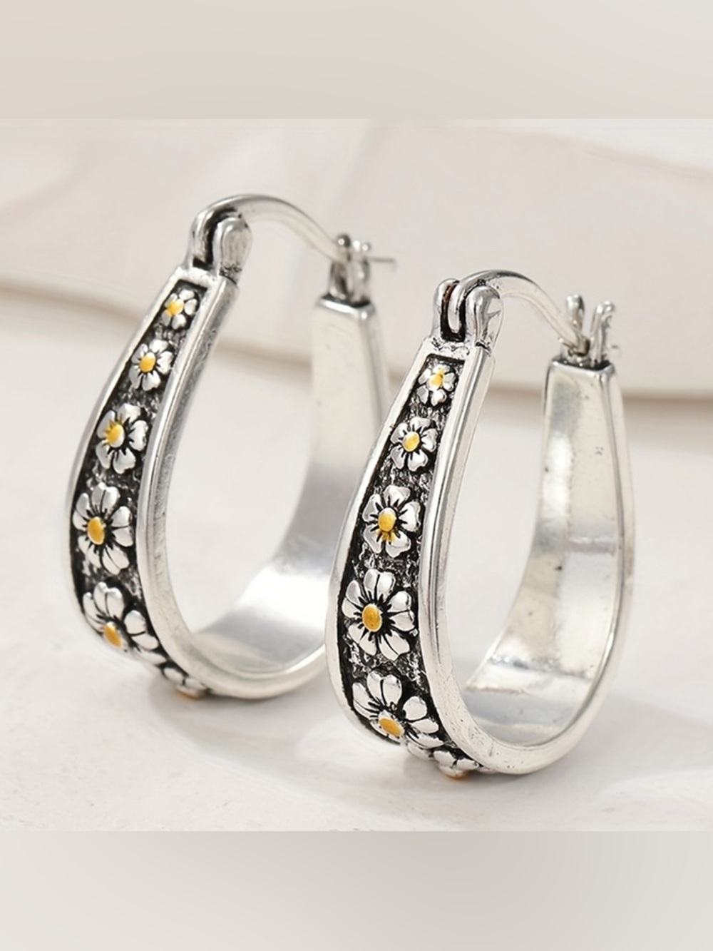 Silver Floral Hoop Earrings with Gold Accents - Women Jewelry